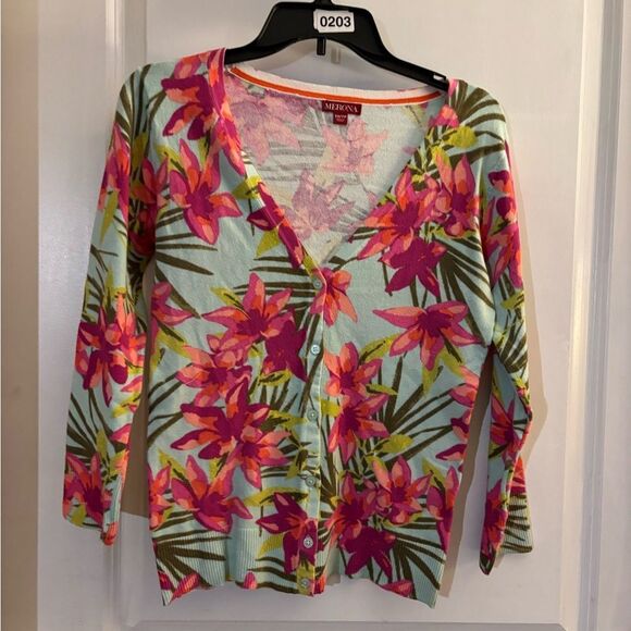 Merona Women's Tropical Floral Cardigan - Pink and Green Sz XS - Picture 1 of 4